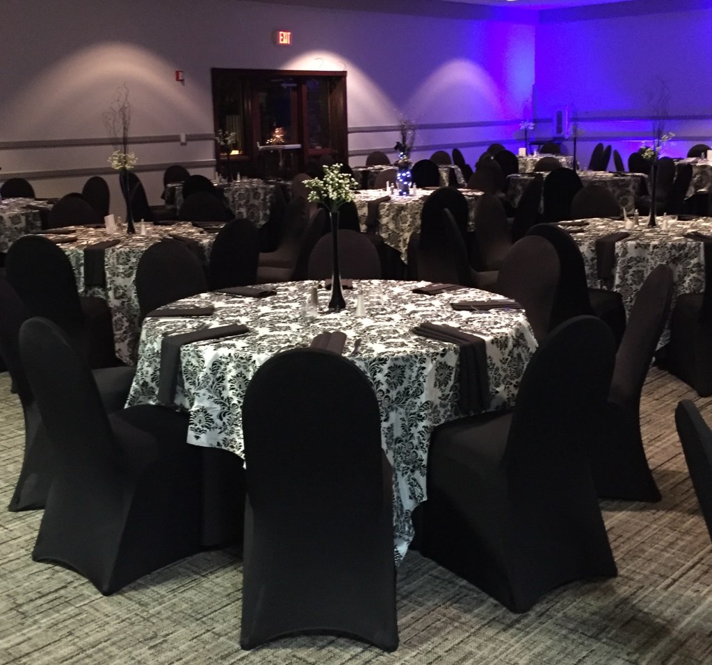 black and white banquet seating